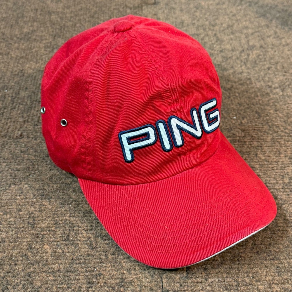 A+ Ping Golf Hat Red Adjustable Cotton Strapback Cap Mr Ping Logo USA Flag